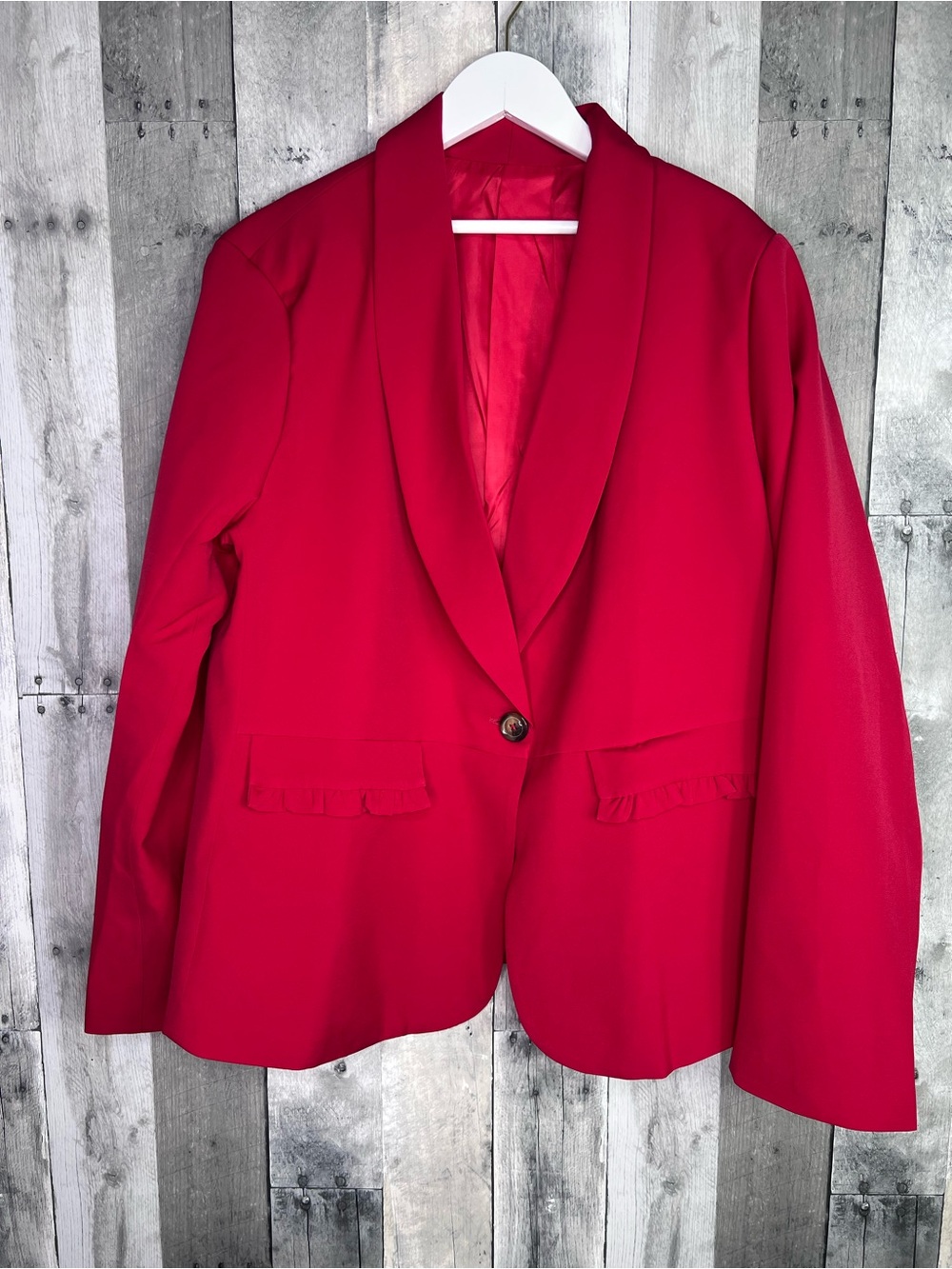 Vibrant Red Blazer Jacket Fully Lined Ruffle Detail Size XL